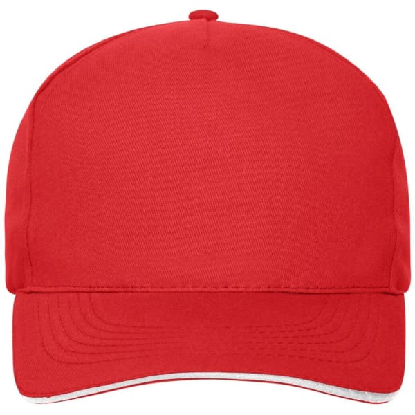 A red 5-panel sandwich cap made of organic cotton, featuring a logo on the front.