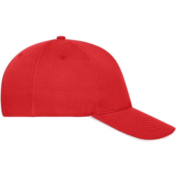 A red 5 panel sandwich cap made from organic cotton, featuring a logo on the front.