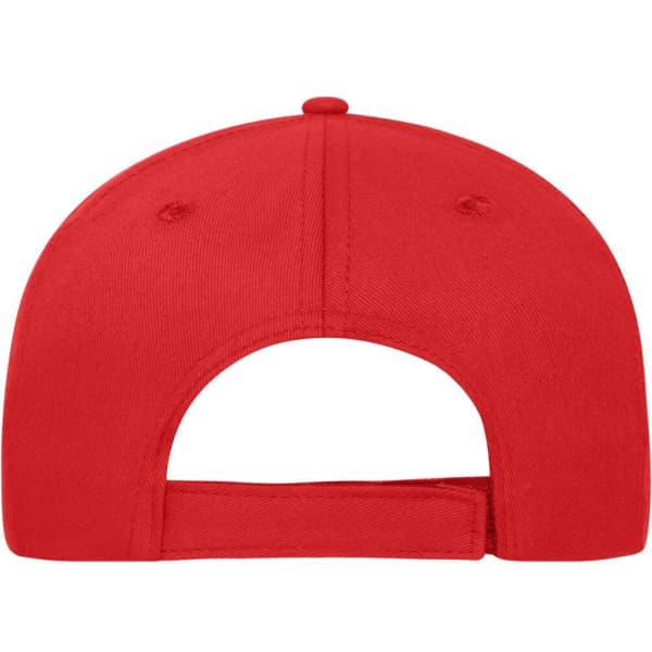 A red 5-panel sandwich cap made from organic cotton, featuring a back opening and an adjustable strap.