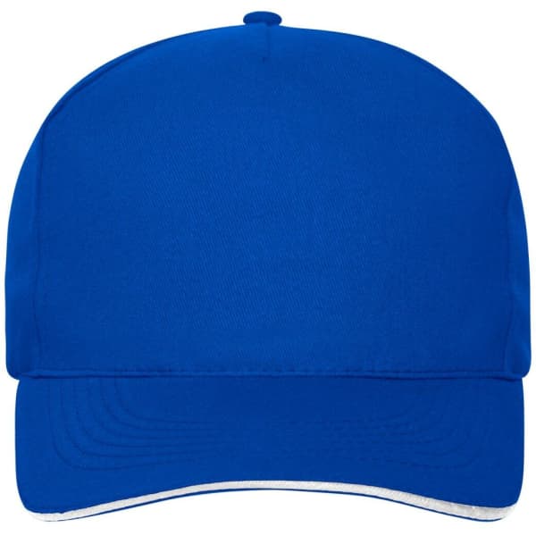 A blue 5 panel sandwich cap made from organic cotton, featuring a logo on the front.