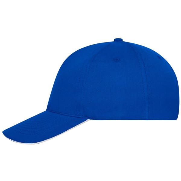 A blue 5-panel sandwich cap made of organic cotton, featuring a logo on the front.