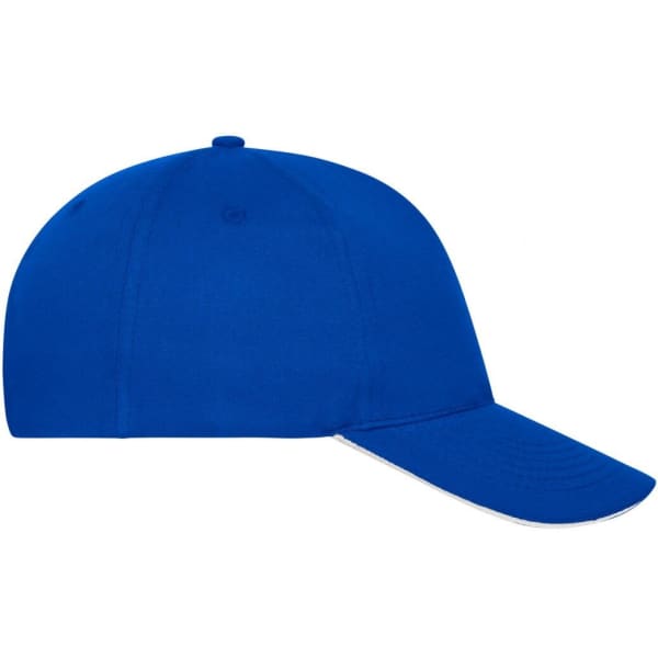 A blue 5 panel sandwich cap made from organic cotton, featuring a curved brim and a branding logo.