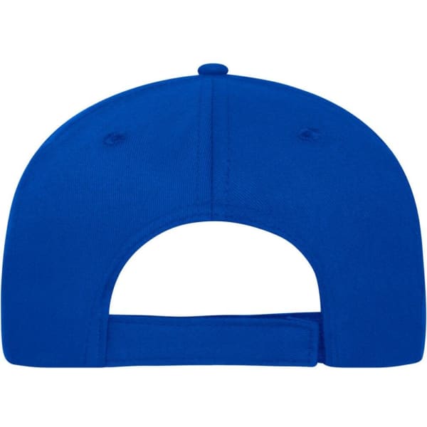 A blue 5-panel sandwich cap made of organic cotton, featuring a back opening and an adjustable strap.