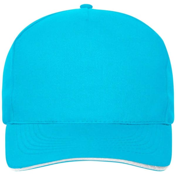 A vibrant turquoise 5-panel sandwich cap made of organic cotton, featuring a structured design and a logo.