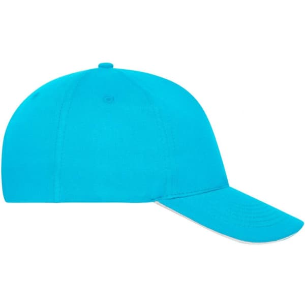 A bright turquoise 5-panel sandwich cap made of organic cotton, featuring a logo on the side.