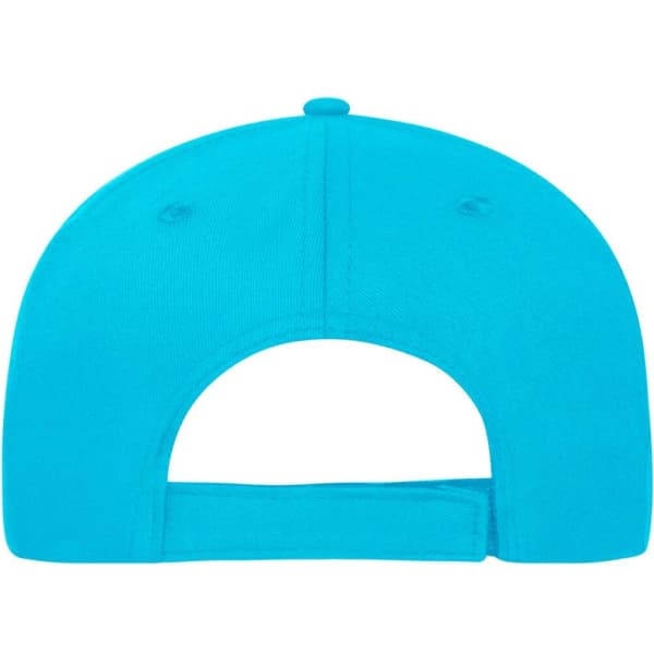 A turquoise 5 Panel Sandwich Cap made from organic cotton, featuring a branding logo on the back.
