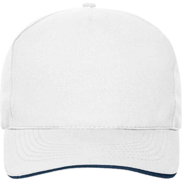 A white 5-panel sandwich cap made of organic cotton, featuring a navy blue peak and a logo.