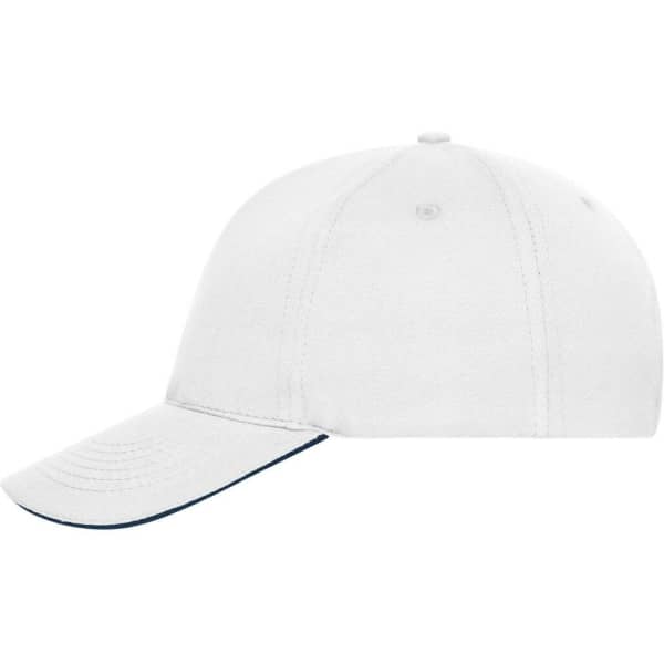 A white 5 Panel Sandwich Cap made from organic cotton, featuring a curved peak and a branded logo.