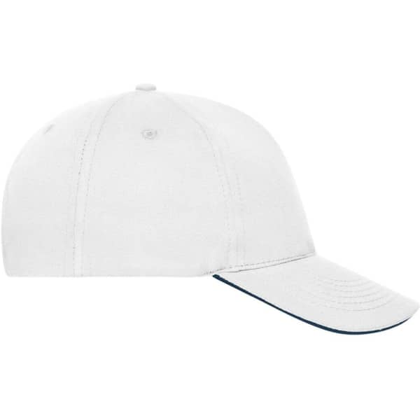 A five-panel sandwich cap made from organic cotton, featuring a white colour and a logo.