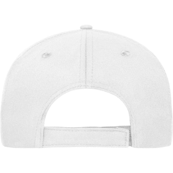 A white 5-panel sandwich cap made of organic cotton, featuring a rear adjustable strap and a logo.