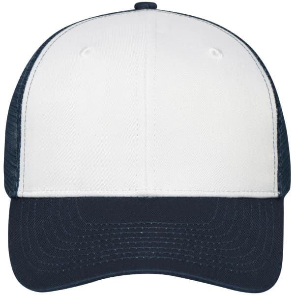 A six-panel mesh cap featuring a white front and navy blue brim and mesh sides, with a logo on the front.