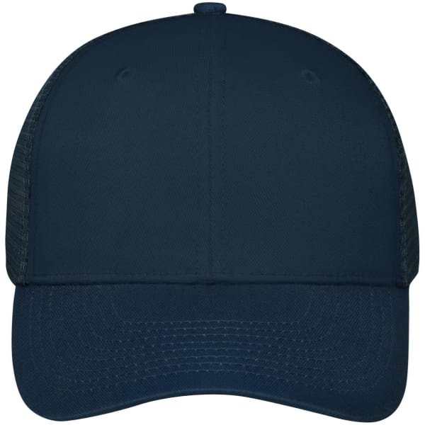 A navy blue 6-panel mesh cap featuring a structured front and breathable mesh sides. It has a logo on the front.