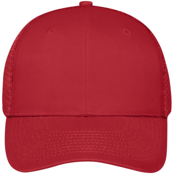 A red 6 panel mesh cap with a solid front and mesh side panels, featuring a logo.