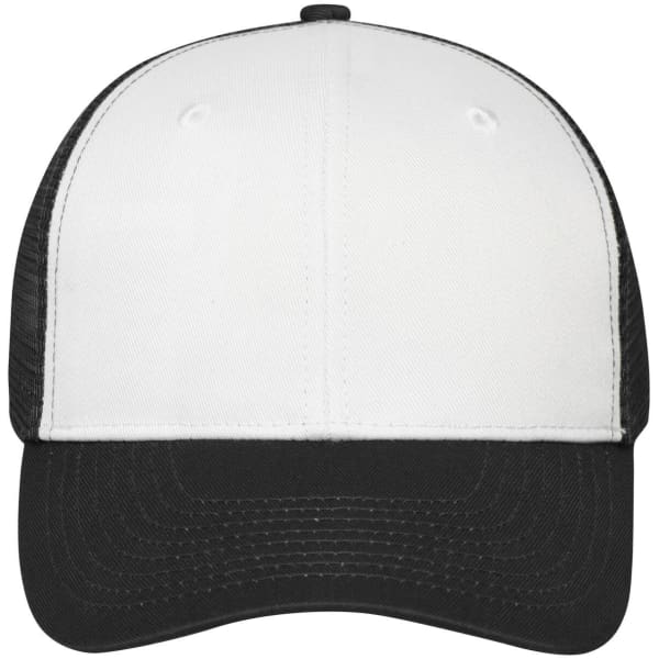 A black and white 6-panel mesh cap featuring a solid front and mesh back, with a logo on the front.