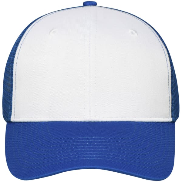 A 6 panel mesh cap featuring a white front and blue peak and back, with a logo on the front.