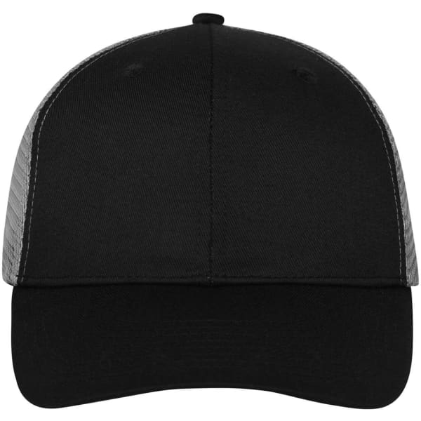 A black 6 panel mesh cap with a solid front and mesh back. It features a logo on the front.
