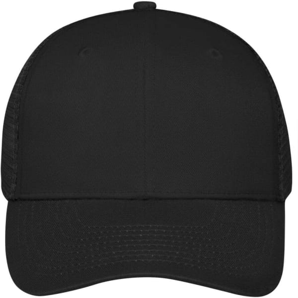 A black 6 panel mesh cap with an adjustable back and a logo on the front.
