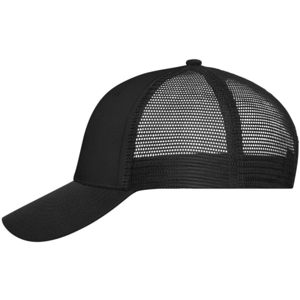 A black 6 panel mesh cap featuring a solid front and a breathable mesh back with a curved peak.