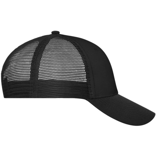 A black 6-panel mesh cap featuring a solid front and mesh back, with a curved brim and a logo.