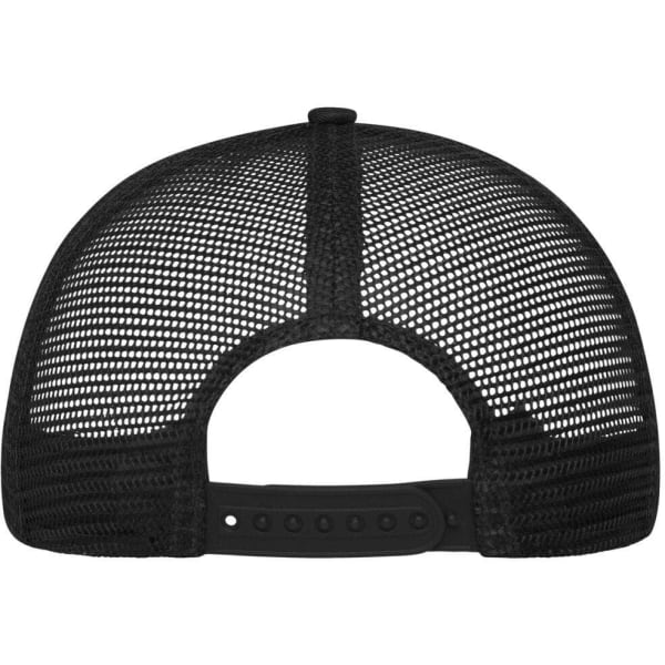A black 6 panel mesh cap featuring a mesh back and an adjustable strap. It includes a logo on the back.