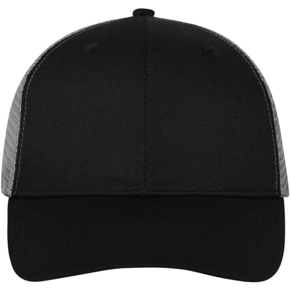 A black six-panel mesh cap featuring a solid front and mesh sides, complete with a logo.