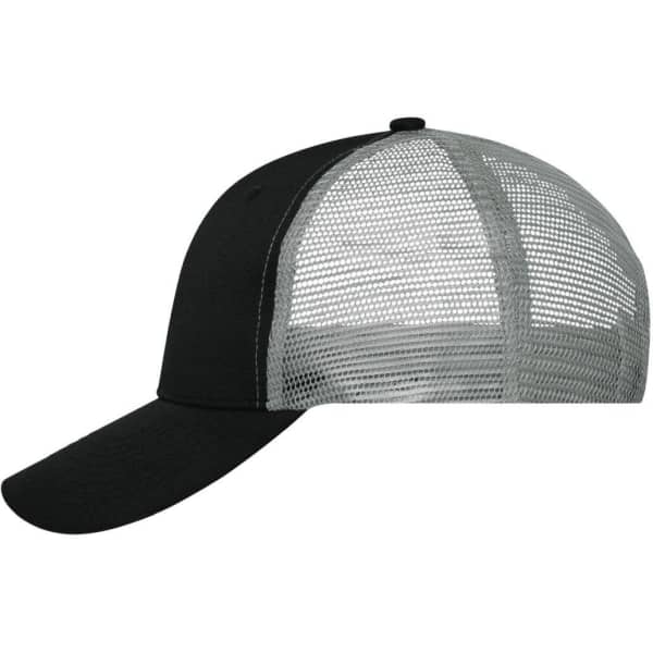 A black and grey six-panel mesh cap featuring a curved brim and a rear mesh design. Includes a logo on the front.