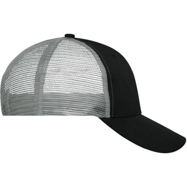 A black and grey 6 panel mesh cap with a curved brim and a logo on the side.