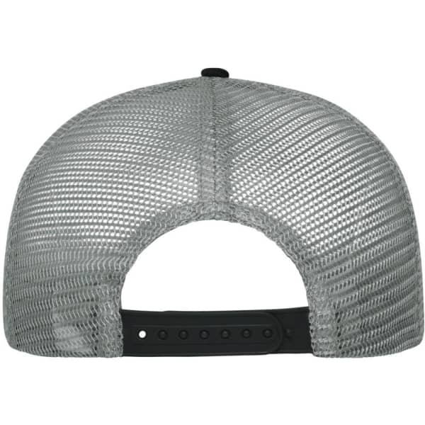 A grey 6-panel mesh cap with a black adjustable strap and a branding logo on the back.