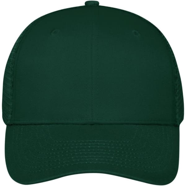 A dark green 6-panel mesh cap with a plain front and a logo on the side.