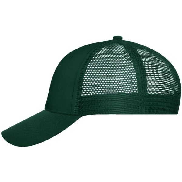 A dark green 6 panel mesh cap featuring a curved brim and a breathable mesh back, with a logo on it.