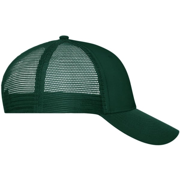 A dark green six-panel mesh cap featuring a solid front and a mesh back for breathability.