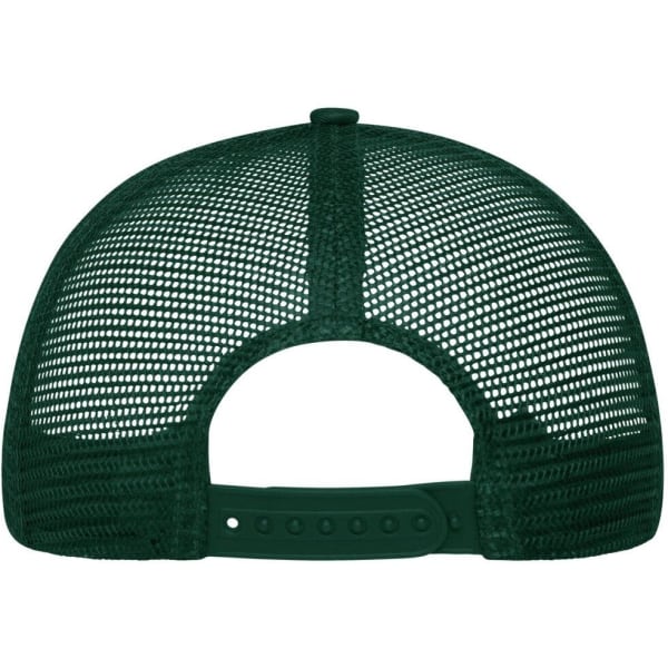 A green 6 panel mesh cap featuring a curved brim and adjustable snapback closure at the rear.