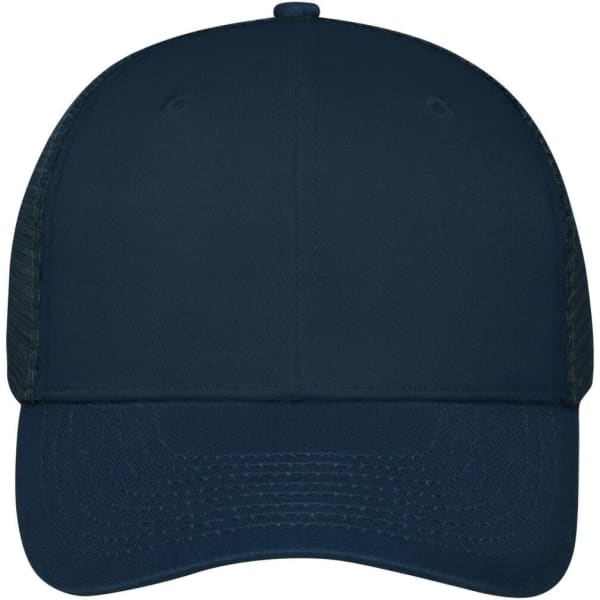A navy blue 6 panel mesh cap featuring a solid front and mesh sides, with a brand logo on the front.