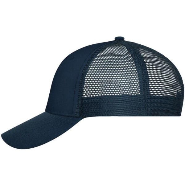 A navy blue 6 panel mesh cap with a solid front and mesh back for ventilation. It features a curved brim and an adjustable strap.