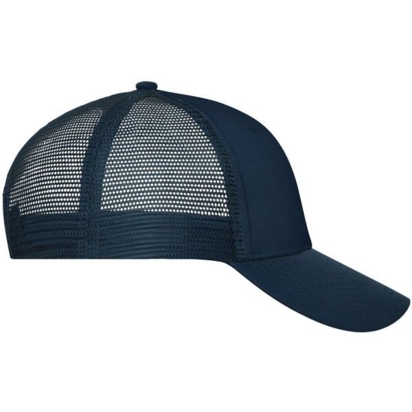 A navy blue 6-panel mesh cap featuring a curved brim and a mesh back for ventilation, with a logo on it.