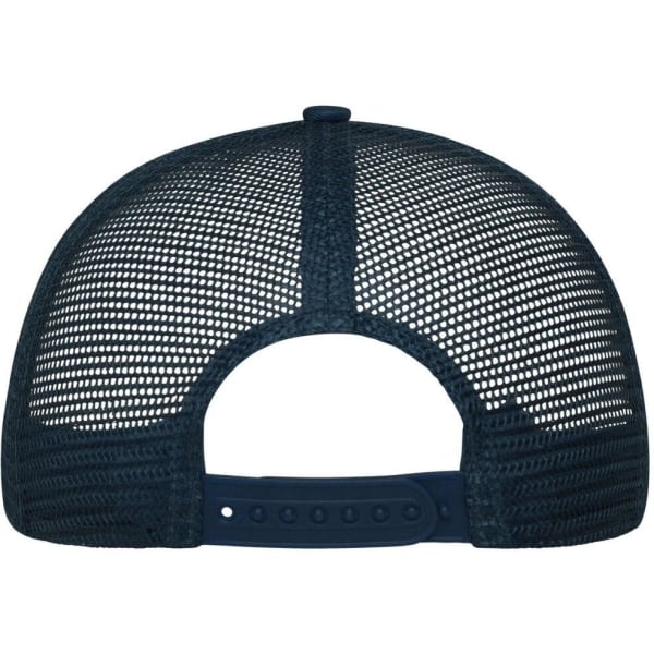 A navy 6 panel mesh cap featuring a mesh back and an adjustable strap. It includes a logo on the design.