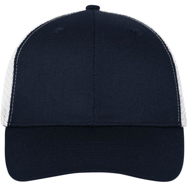 A navy blue six-panel mesh cap with a solid front and mesh sides, featuring a branded logo.