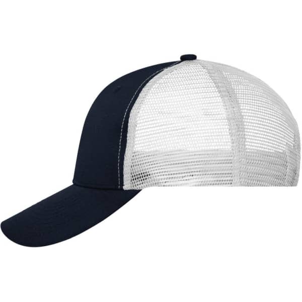 A navy blue and mesh six-panel cap featuring a curved brim and an adjustable back. Includes a logo.