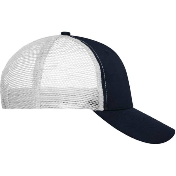 A 6-panel mesh cap featuring a navy blue front and a white mesh back, with a curved brim and a logo.