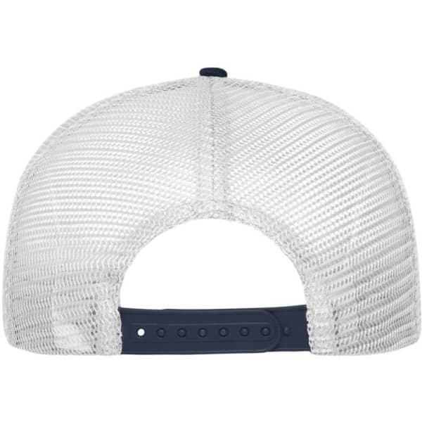 A 6-panel mesh cap featuring a navy brim and a breathable white mesh backing, with an adjustable strap.