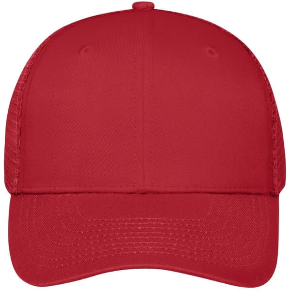 A red six-panel mesh cap featuring a solid front and mesh sides, with an adjustable strap at the back.