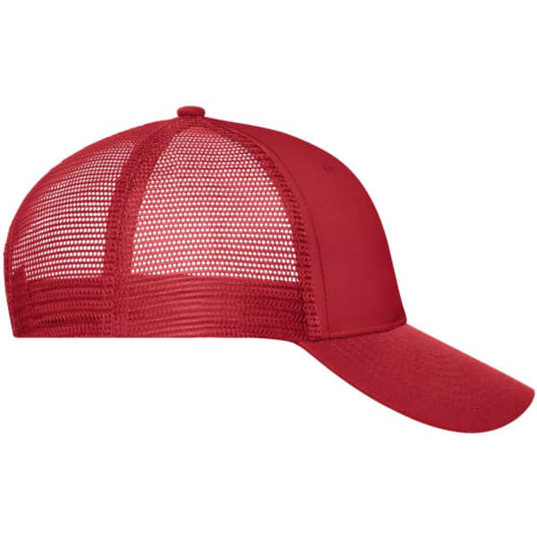 A red 6 panel mesh cap with a solid front and mesh back, featuring a logo on the front.