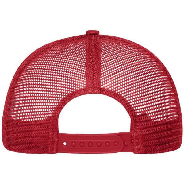 A red 6 panel mesh cap with a adjustable strap at the back and a mesh design for breathability.