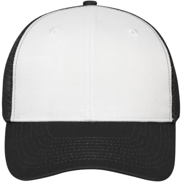 A 6 panel mesh cap featuring a white front and black mesh sides, with a logo on the front.