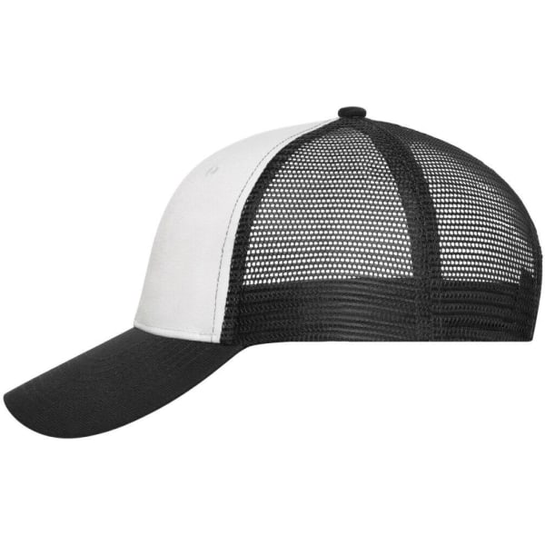 A black and white 6 panel mesh cap featuring a solid front and a mesh back, with a curved brim and branding.