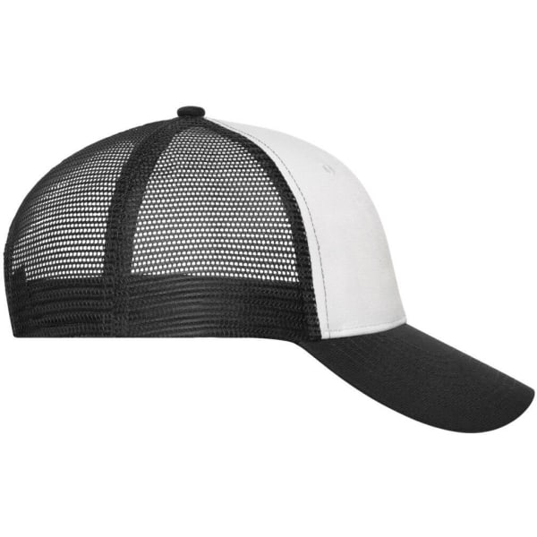 A six-panel mesh cap in black and white, featuring a solid front and mesh back design. It has a logo on the front.