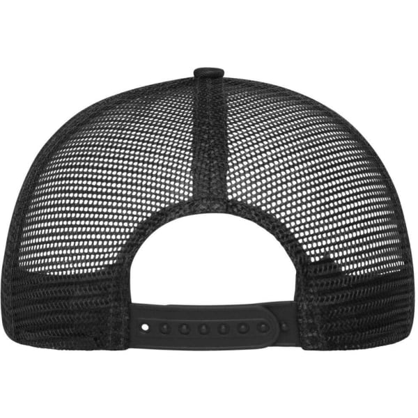 A black six-panel mesh cap featuring a mesh back and an adjustable strap. It includes a logo.