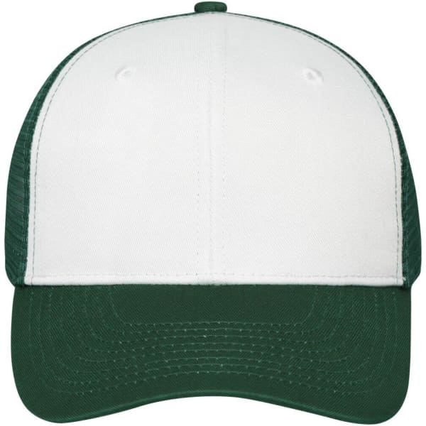 A six-panel mesh cap featuring a white front and green brim, complete with a logo on the front.