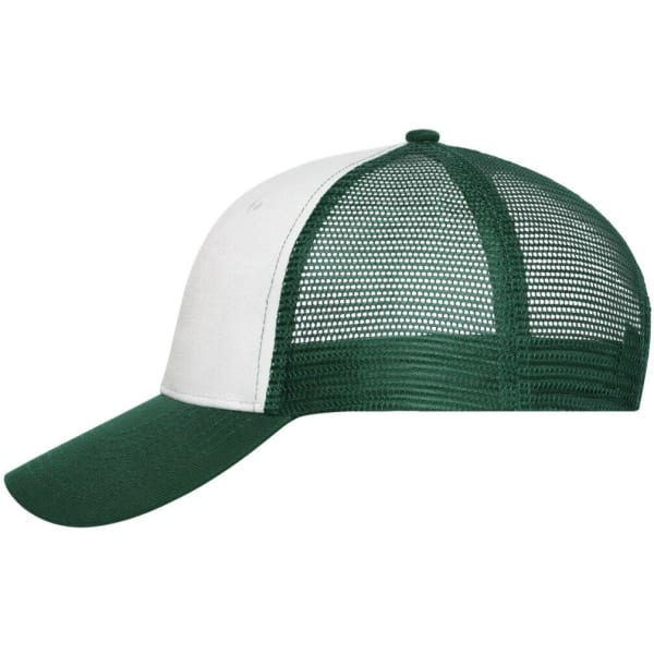 A green and white 6 panel mesh cap, featuring a breathable mesh back and a curved brim. It has a logo on the front.