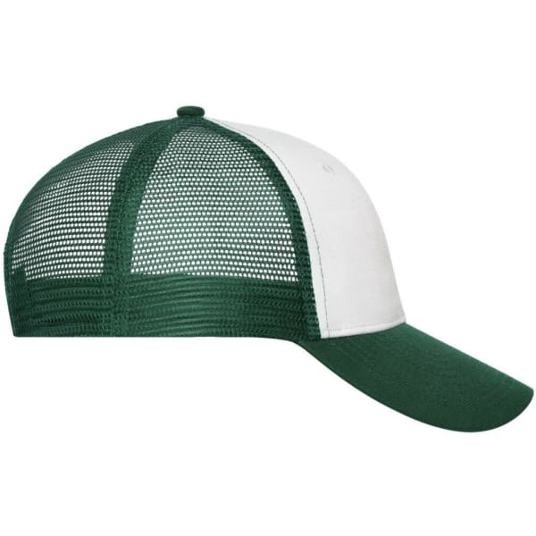 A green and white 6 panel mesh cap featuring a curved brim and a mesh back, with a logo on it.